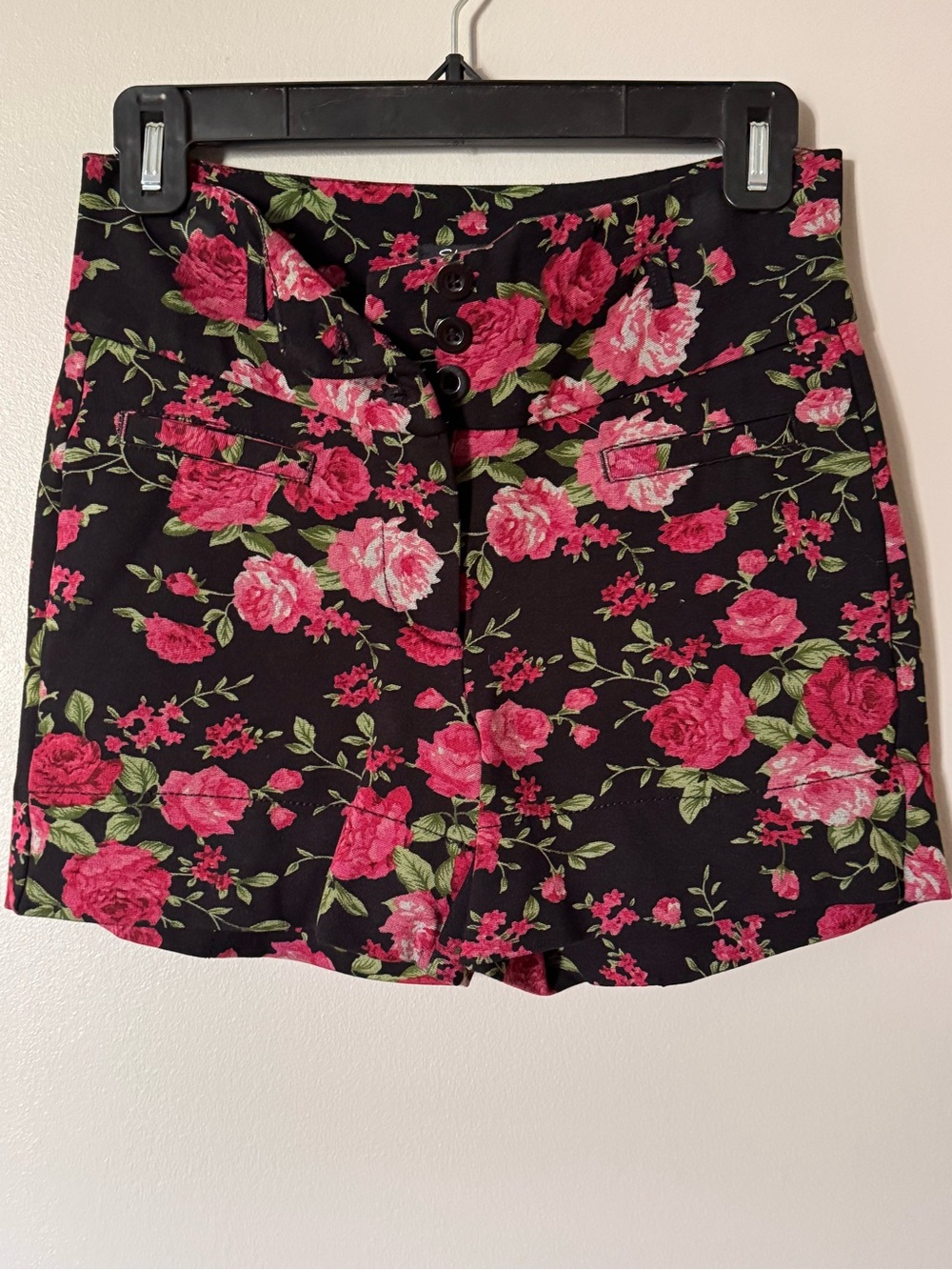 Shinestar Black High-Waist Floral Shorts with Pink Roses